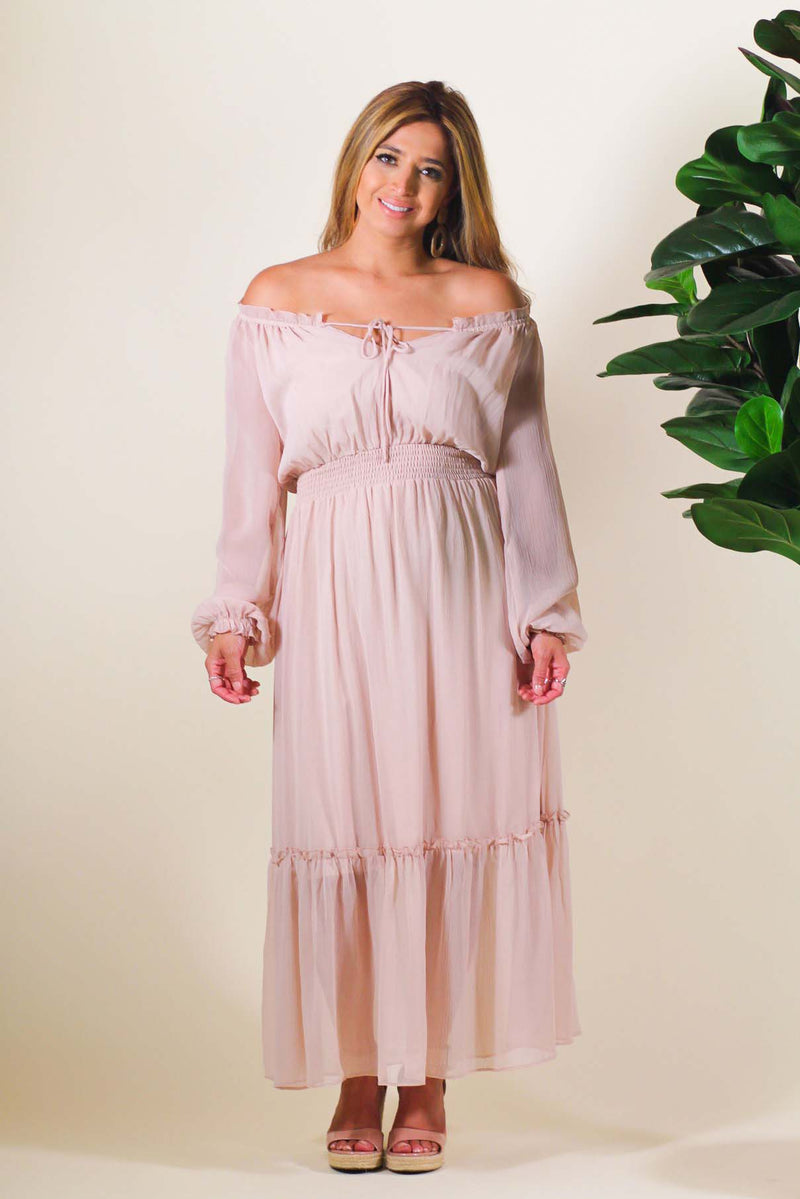 Round Neck Long Sleeve Peasant Maxi ...